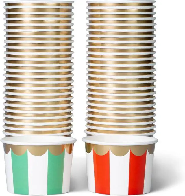 Main image of Confettiville Paper Ice Cream Cups, 50-Count 9-Oz Disposable Dessert Bowls for Hot or Cold Food, 9-Ounce Christmas Party Supplies Treat Cups, Red and Green Stripes, Scalloped Gold Foil