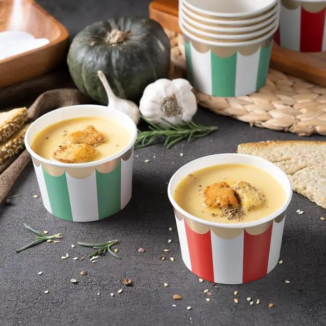 Alt view image 3 of 7 - Confettiville Paper Ice Cream Cups, 50-Count 9-Oz Disposable Dessert Bowls for Hot or Cold Food, 9-Ounce Christmas Party Supplies Treat Cups, Red and Green Stripes, Scalloped Gold Foil