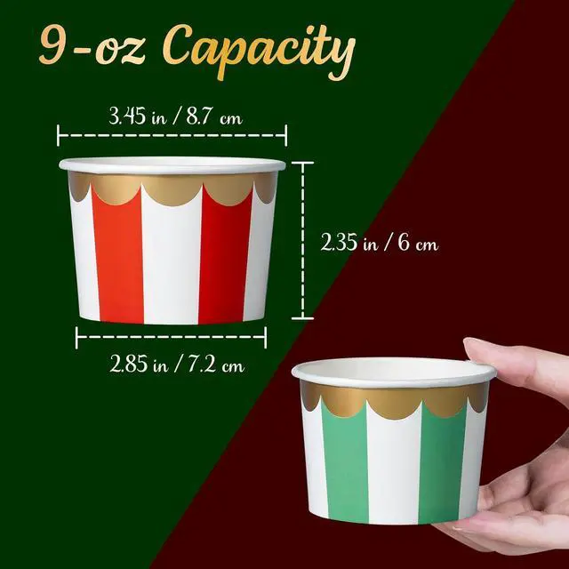 Alt view image 4 of 7 - Confettiville Paper Ice Cream Cups, 50-Count 9-Oz Disposable Dessert Bowls for Hot or Cold Food, 9-Ounce Christmas Party Supplies Treat Cups, Red and Green Stripes, Scalloped Gold Foil