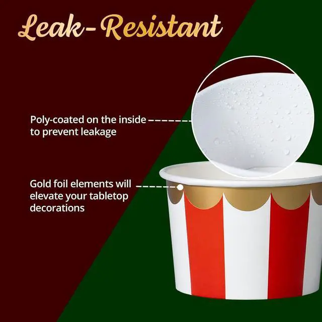Alt view image 5 of 7 - Confettiville Paper Ice Cream Cups, 50-Count 9-Oz Disposable Dessert Bowls for Hot or Cold Food, 9-Ounce Christmas Party Supplies Treat Cups, Red and Green Stripes, Scalloped Gold Foil