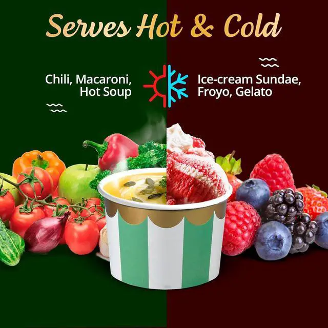 Alt view image 6 of 7 - Confettiville Paper Ice Cream Cups, 50-Count 9-Oz Disposable Dessert Bowls for Hot or Cold Food, 9-Ounce Christmas Party Supplies Treat Cups, Red and Green Stripes, Scalloped Gold Foil