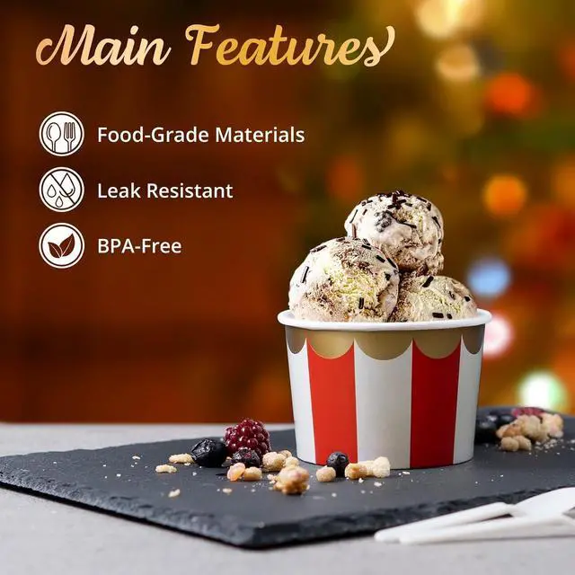 Alt view image 7 of 7 - Confettiville Paper Ice Cream Cups, 50-Count 9-Oz Disposable Dessert Bowls for Hot or Cold Food, 9-Ounce Christmas Party Supplies Treat Cups, Red and Green Stripes, Scalloped Gold Foil
