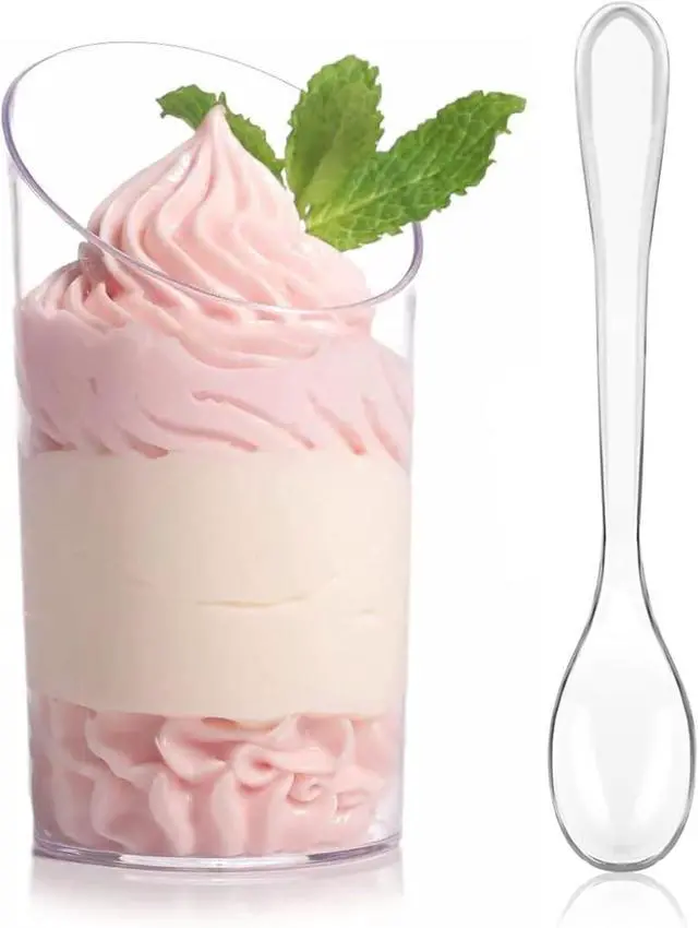 Main image of Zezzxu 50 Pcs 2.2 oz Mini Dessert Cups with Spoons, Serves 25 | Small Plastic Dessert Shooter Cups, Parfait Shot Glasses, Slanted Tiny Cups for Cheesecake, Mousse, Pudding, Jello, Triffle