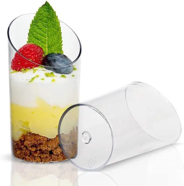 Alt view image 3 of 7 - Zezzxu 50 Pcs 2.2 oz Mini Dessert Cups with Spoons, Serves 25 | Small Plastic Dessert Shooter Cups, Parfait Shot Glasses, Slanted Tiny Cups for Cheesecake, Mousse, Pudding, Jello, Triffle