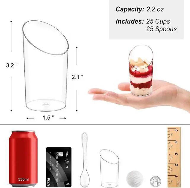 Alt view image 2 of 7 - Zezzxu 50 Pcs 2.2 oz Mini Dessert Cups with Spoons, Serves 25 | Small Plastic Dessert Shooter Cups, Parfait Shot Glasses, Slanted Tiny Cups for Cheesecake, Mousse, Pudding, Jello, Triffle