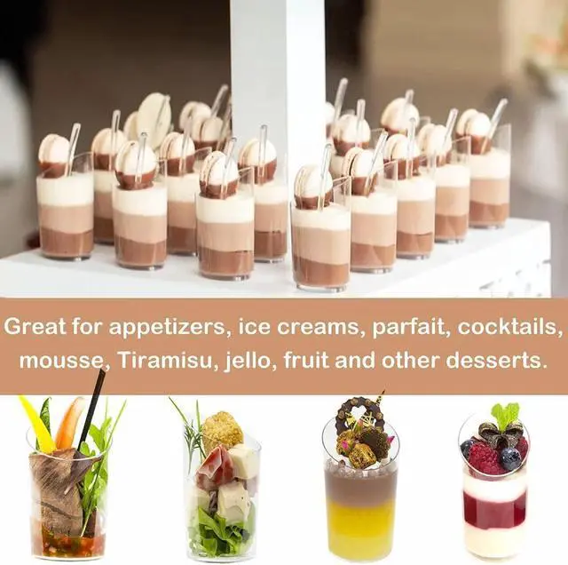 Alt view image 4 of 7 - Zezzxu 50 Pcs 2.2 oz Mini Dessert Cups with Spoons, Serves 25 | Small Plastic Dessert Shooter Cups, Parfait Shot Glasses, Slanted Tiny Cups for Cheesecake, Mousse, Pudding, Jello, Triffle