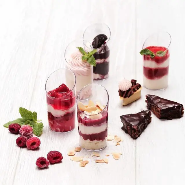 Alt view image 5 of 7 - Zezzxu 50 Pcs 2.2 oz Mini Dessert Cups with Spoons, Serves 25 | Small Plastic Dessert Shooter Cups, Parfait Shot Glasses, Slanted Tiny Cups for Cheesecake, Mousse, Pudding, Jello, Triffle