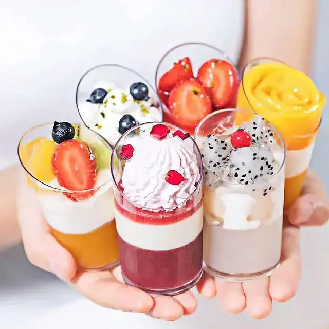 Alt view image 6 of 7 - Zezzxu 50 Pcs 2.2 oz Mini Dessert Cups with Spoons, Serves 25 | Small Plastic Dessert Shooter Cups, Parfait Shot Glasses, Slanted Tiny Cups for Cheesecake, Mousse, Pudding, Jello, Triffle