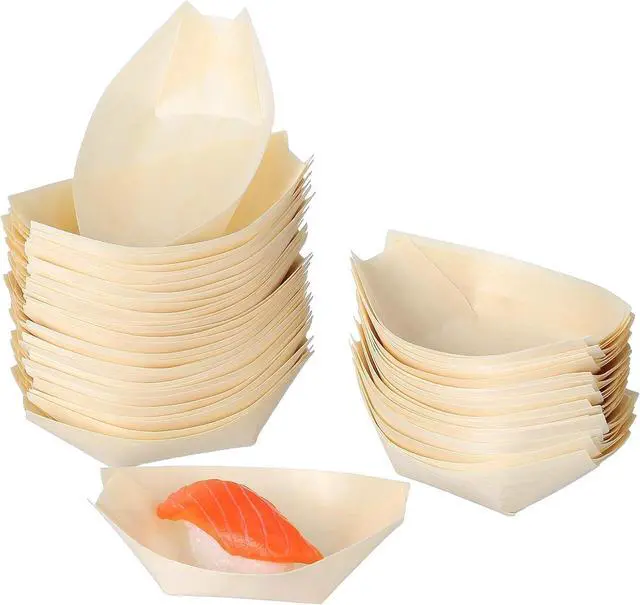 Main image of Mini Sushi Boat Serving Tray 50Pcs Disposable Wooden Snack Bowls 3.35X2.36In Food Containers for Sushi Appetizers Dessert Party Tableware