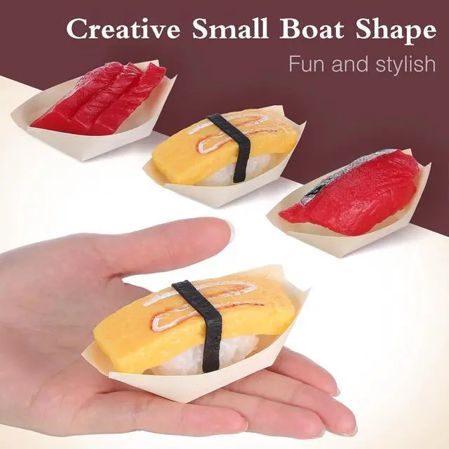 Alt view image 3 of 7 - Mini Sushi Boat Serving Tray 50Pcs Disposable Wooden Snack Bowls 3.35X2.36In Food Containers for Sushi Appetizers Dessert Party Tableware