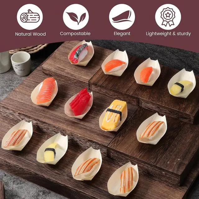 Alt view image 2 of 7 - Mini Sushi Boat Serving Tray 50Pcs Disposable Wooden Snack Bowls 3.35X2.36In Food Containers for Sushi Appetizers Dessert Party Tableware