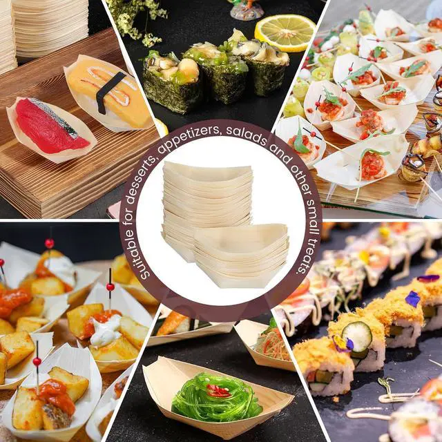 Alt view image 6 of 7 - Mini Sushi Boat Serving Tray 50Pcs Disposable Wooden Snack Bowls 3.35X2.36In Food Containers for Sushi Appetizers Dessert Party Tableware
