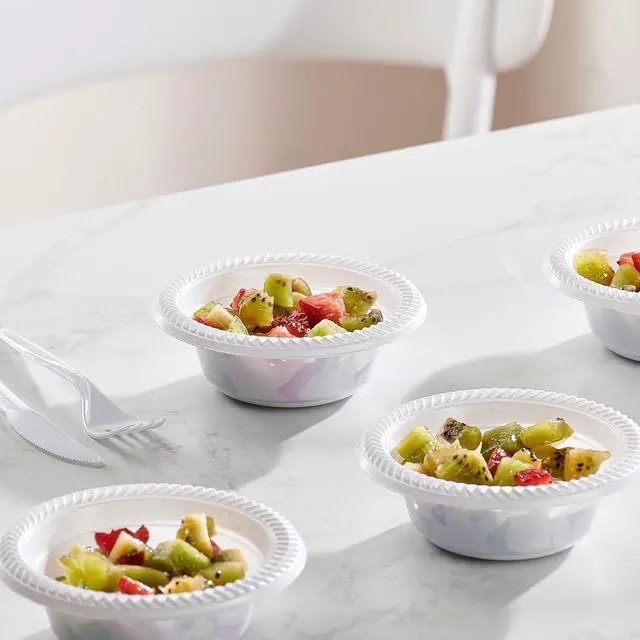 Alt view image 2 of 7 - PLASTICPRO 100 PCS White Plastic Bowls 5 oz Premium Quality Light Weight Dishes Disposable Small Plastic Bowls for Dessert Appetizers Soups for Parties Weddings