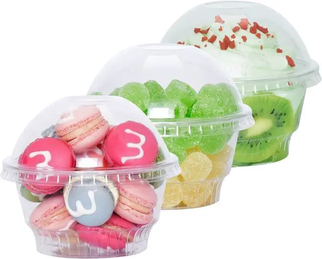 Main image of 5 oz Clear Plastic Dessert Cups with Dome Lids (25Sets) - Disposable Snack Bowls (No Hole) for Cereal Parfait, Yogurt, Cupcakes, Pudding, Jello and Individual Desserts at Party
