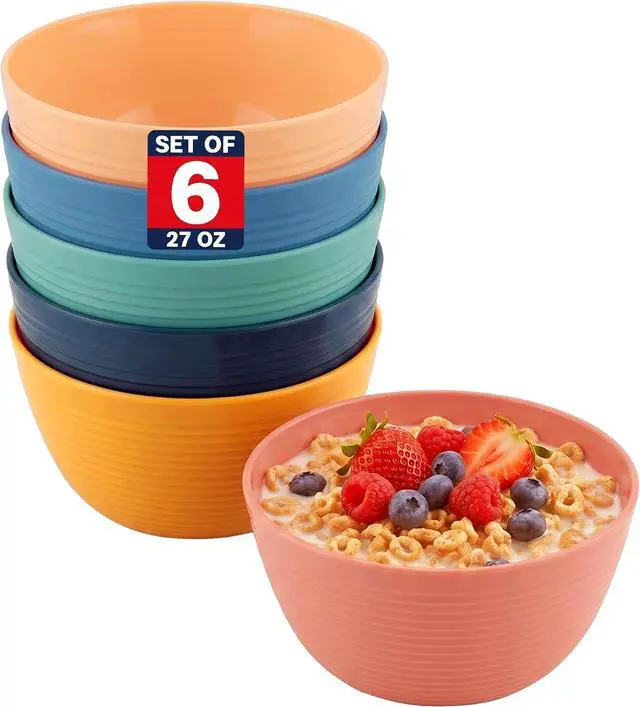 Main image of Plastic Bowls Kitchen Set for Cereals, Fruit, Soup Salad Bowl Set of 6 for Hot Cold Use Durable Non-BPA Plastic Stackable Toddler Bowls Dinnerware Sets for Travel, RV, Camping, Meal Prep