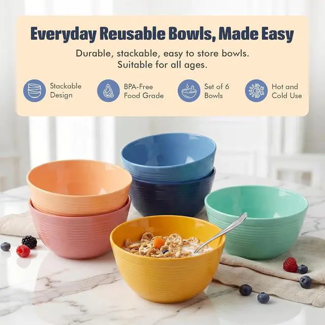 Alt view image 3 of 7 - Plastic Bowls Kitchen Set for Cereals, Fruit, Soup Salad Bowl Set of 6 for Hot Cold Use Durable Non-BPA Plastic Stackable Toddler Bowls Dinnerware Sets for Travel, RV, Camping, Meal Prep