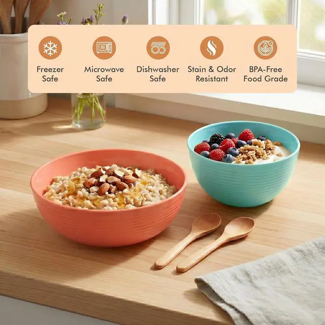 Alt view image 5 of 7 - Plastic Bowls Kitchen Set for Cereals, Fruit, Soup Salad Bowl Set of 6 for Hot Cold Use Durable Non-BPA Plastic Stackable Toddler Bowls Dinnerware Sets for Travel, RV, Camping, Meal Prep