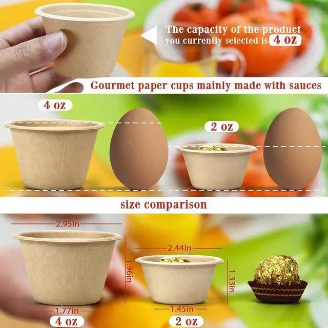Alt view image 2 of 7 - LeonBach 100 Pack 2 oz Natural Bagasse Fiber Paper Bowls, Brown | Compostable Disposable Condiment Cup, for Sauce Dipping, Snack Sample Tasting, Microwavable Safe Biodegradable Food Container