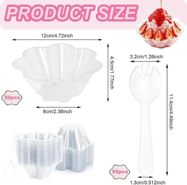 Alt view image 2 of 7 - 50 Pcs 8 Oz flower-shaped transparent plastic dessert cups, with Spoons | Food-grade PET plastic, 1.7"H, 4.7"L top, BPA-free, ice cream, fruit, weddings, birthdays, baby showers