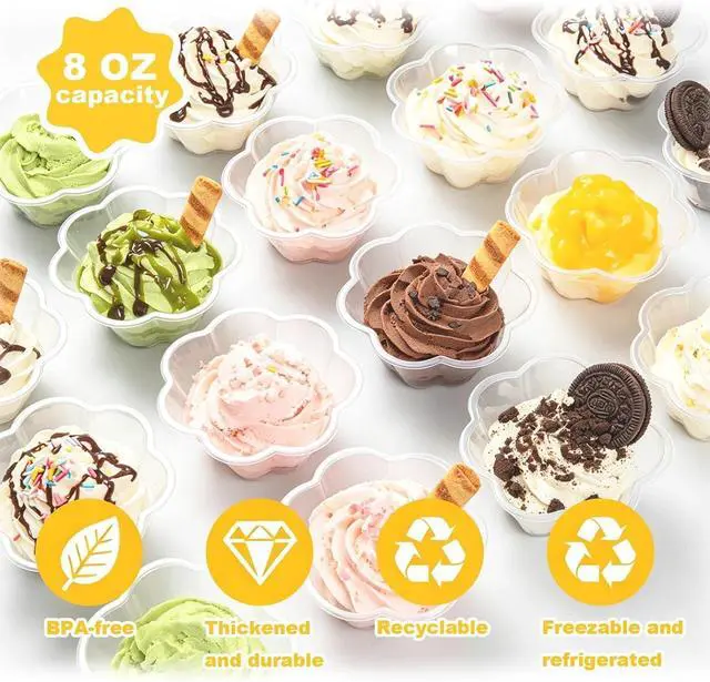 Alt view image 3 of 7 - 50 Pcs 8 Oz flower-shaped transparent plastic dessert cups, with Spoons | Food-grade PET plastic, 1.7"H, 4.7"L top, BPA-free, ice cream, fruit, weddings, birthdays, baby showers