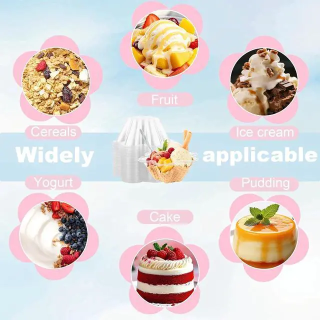 Alt view image 4 of 7 - 50 Pcs 8 Oz flower-shaped transparent plastic dessert cups, with Spoons | Food-grade PET plastic, 1.7"H, 4.7"L top, BPA-free, ice cream, fruit, weddings, birthdays, baby showers