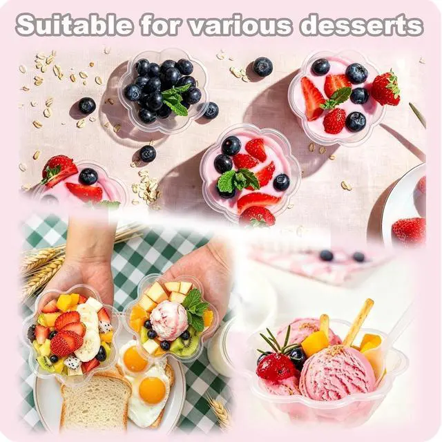 Alt view image 5 of 7 - 50 Pcs 8 Oz flower-shaped transparent plastic dessert cups, with Spoons | Food-grade PET plastic, 1.7"H, 4.7"L top, BPA-free, ice cream, fruit, weddings, birthdays, baby showers