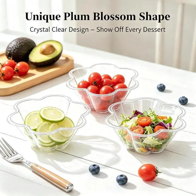 Alt view image 7 of 7 - 50 Pcs 8 Oz flower-shaped transparent plastic dessert cups, with Spoons | Food-grade PET plastic, 1.7"H, 4.7"L top, BPA-free, ice cream, fruit, weddings, birthdays, baby showers