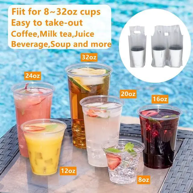 Alt view image 2 of 7 - Elyfree Drink Carrier for Delivery, 32oz Drink Packaging Bags, 100PCS Clear Plastic Bags with Handle Drink Cups Delivery Take Out