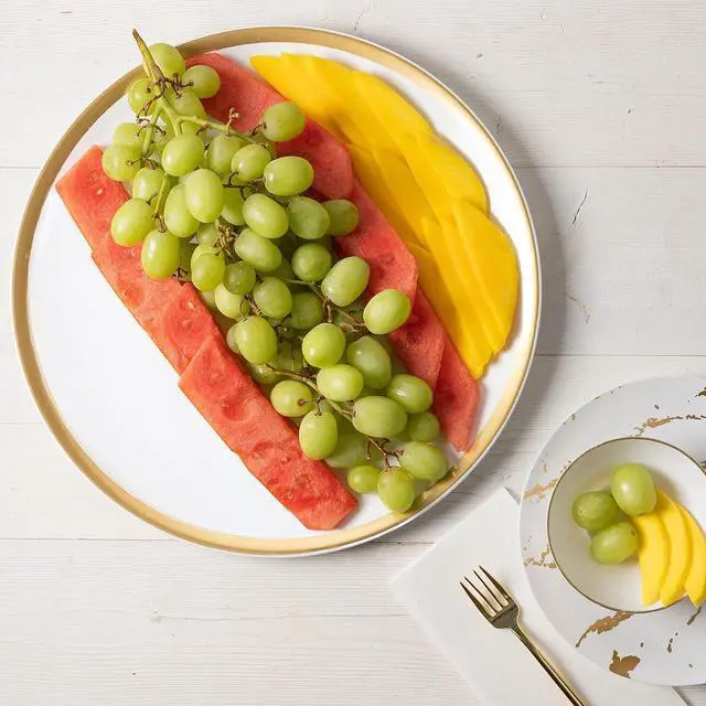Alt view image 4 of 4 - Plasticpro Plastic Serving Trays - Round Serving Platters with Gold Rim 14X14 Disposable Party DishPack of 2