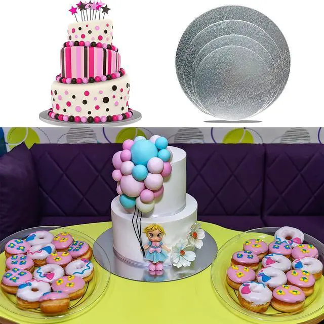 Alt view image 5 of 7 - 4 Pack Silver Cake Boards Round Cake Circles 6, 8, 10, 12 Inch | Cake Base Cardboard for Baking, Wedding Birthday, Dessert, Pizza Decorating and Exhibition
