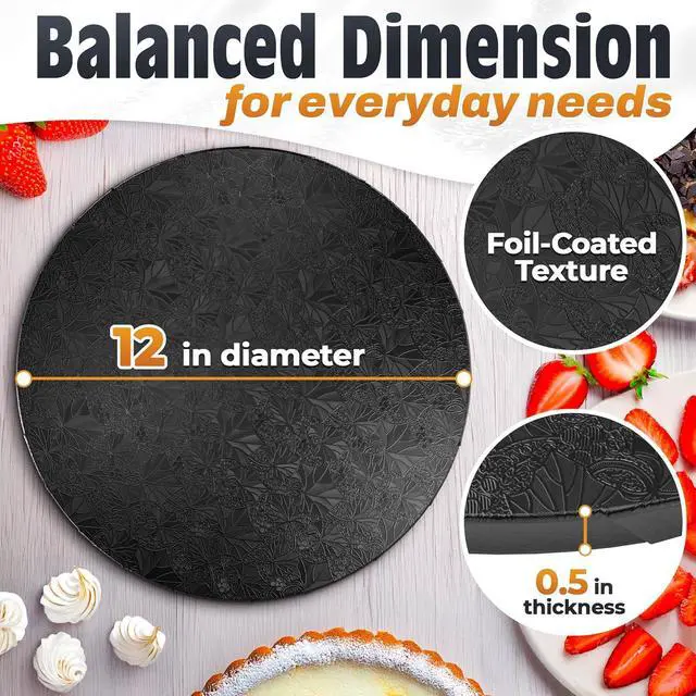 Alt view image 2 of 7 - Black Cake Drum 12 Inch, Round Cake Board, 1/2 Inch Thick Cardboard | Sturdy Base, Grease-Resistant, Moisture-Resistant Surface - Displays Cupcakes, Pastries, Baked Goods at Parties and Weddings