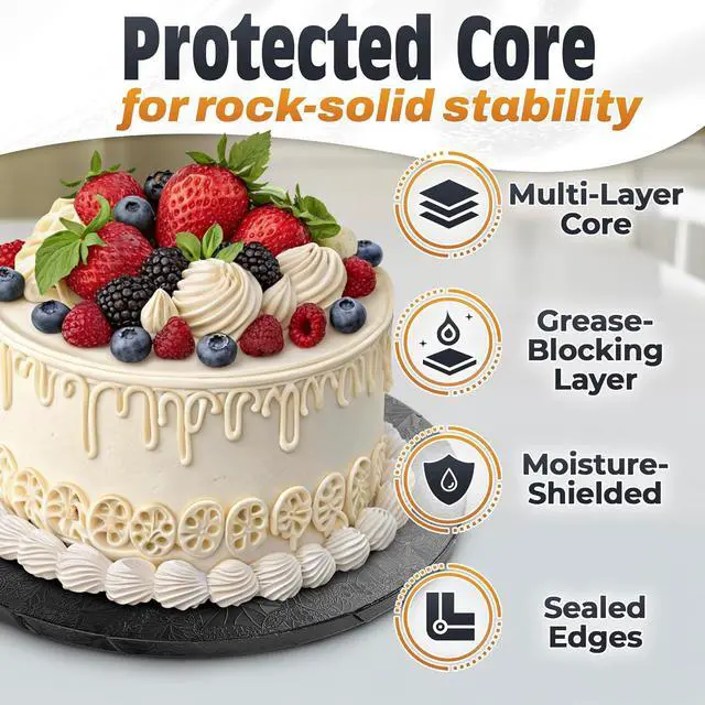 Alt view image 3 of 7 - Black Cake Drum 12 Inch, Round Cake Board, 1/2 Inch Thick Cardboard | Sturdy Base, Grease-Resistant, Moisture-Resistant Surface - Displays Cupcakes, Pastries, Baked Goods at Parties and Weddings