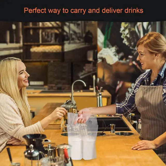 Alt view image 5 of 7 - Elyfree Drink Carrier for Delivery, Clear Cup Carrier with Handle for Drink Cups/Coffee/Tea/Juice, Plastic Bags for Drinks, Portable Take Out Bags for Coffee Shop/Restaurant/Bar (1 cup, 100 Pack)
