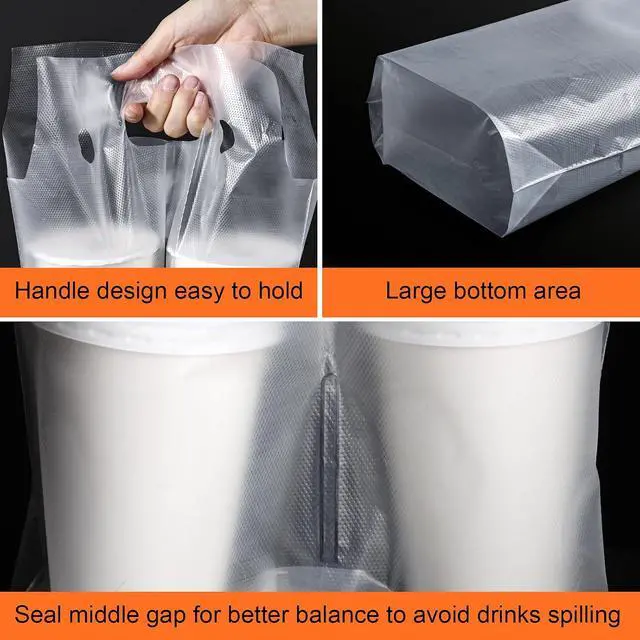 Alt view image 7 of 7 - Elyfree Drink Carrier for Delivery, Clear Cup Carrier with Handle for Drink Cups/Coffee/Tea/Juice, Plastic Bags for Drinks, Portable Take Out Bags for Coffee Shop/Restaurant/Bar (1 cup, 100 Pack)