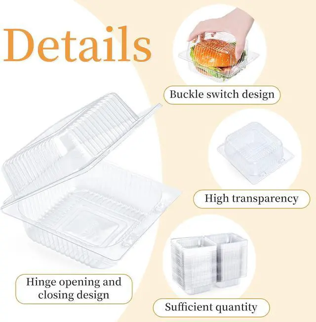 Alt view image 4 of 6 - Evnlo 50 Count Heavy Duty Clear Clamshell Food Containers Hinged with Lids | Disposable Plastic Sandwich Containers, Clam Shell Boxes for Cake Slice, Dessert, Hamburger, Salad, Pastry, Takeout Tray