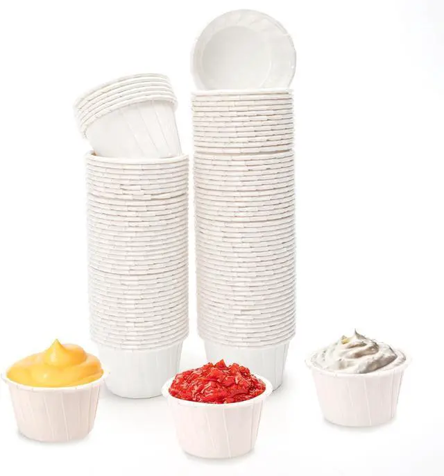 Main image of 100PCS Paper Cup Liner Disposable Container,2.1x1.2",1oz, Bowl Tray Organizer for Ketchup, Melting Wax Bean Face Nose Hair Removal, Ice Cream Cake Condiment Sauce Ramekin Shot Souffle Sample Serving