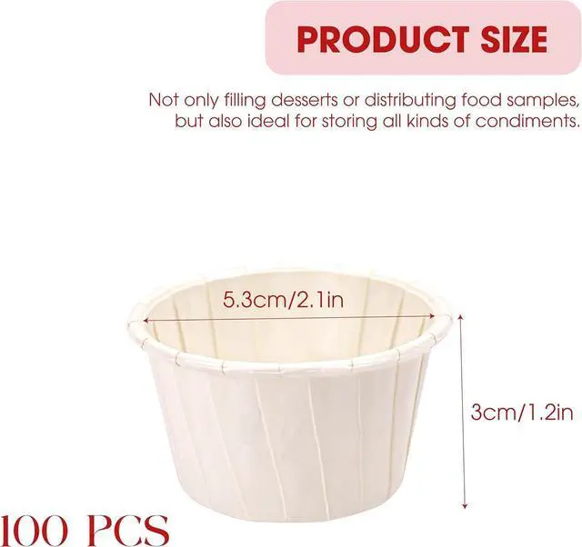 Alt view image 2 of 7 - 100PCS Paper Cup Liner Disposable Container,2.1x1.2",1oz, Bowl Tray Organizer for Ketchup, Melting Wax Bean Face Nose Hair Removal, Ice Cream Cake Condiment Sauce Ramekin Shot Souffle Sample Serving