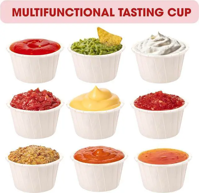Alt view image 3 of 7 - 100PCS Paper Cup Liner Disposable Container,2.1x1.2",1oz, Bowl Tray Organizer for Ketchup, Melting Wax Bean Face Nose Hair Removal, Ice Cream Cake Condiment Sauce Ramekin Shot Souffle Sample Serving