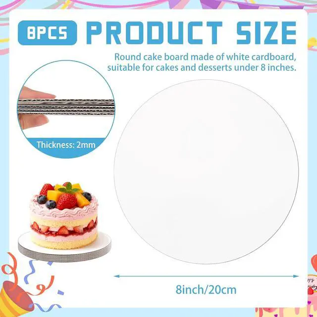 Alt view image 2 of 7 - 8 Pack 8 Inch Round Cake Boards,White Cardboard Cake Rounds | Disposable Corrugated Cake Board,Food Grade,Dessert Cake Circles for Cake DIY Display,Cake Base for Wedding Birthday Party