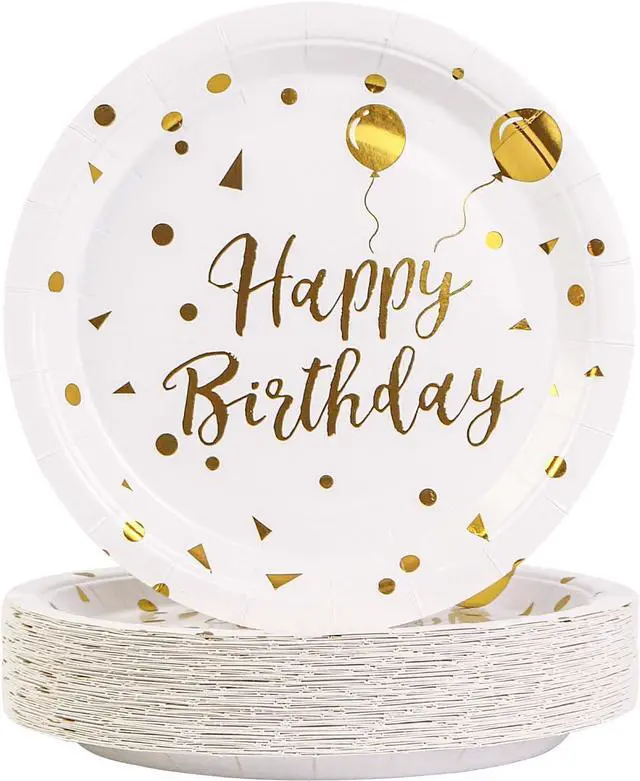 Main image of Paper Plates, 50pcs Disposable Dessert Plates, White Gold Polka Dots, Biodegradable, Round, 7inch, for Birthday Decorations Party