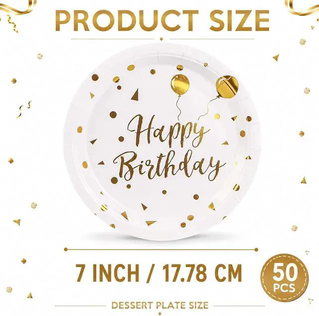 Alt view image 2 of 6 - Paper Plates, 50pcs Disposable Dessert Plates, White Gold Polka Dots, Biodegradable, Round, 7inch, for Birthday Decorations Party