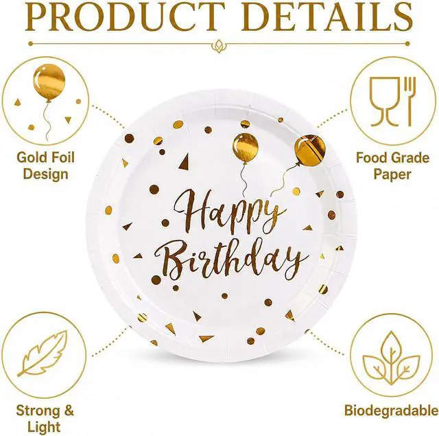 Alt view image 3 of 6 - Paper Plates, 50pcs Disposable Dessert Plates, White Gold Polka Dots, Biodegradable, Round, 7inch, for Birthday Decorations Party