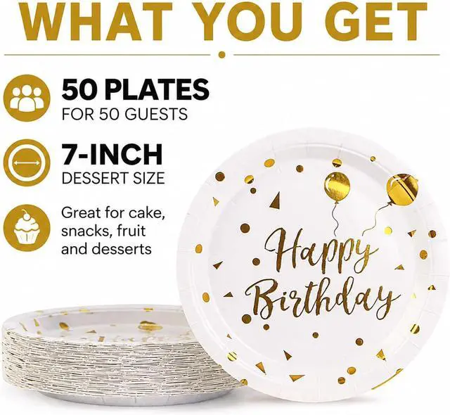 Alt view image 4 of 6 - Paper Plates, 50pcs Disposable Dessert Plates, White Gold Polka Dots, Biodegradable, Round, 7inch, for Birthday Decorations Party