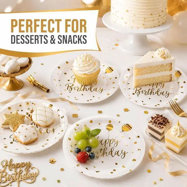 Alt view image 5 of 6 - Paper Plates, 50pcs Disposable Dessert Plates, White Gold Polka Dots, Biodegradable, Round, 7inch, for Birthday Decorations Party