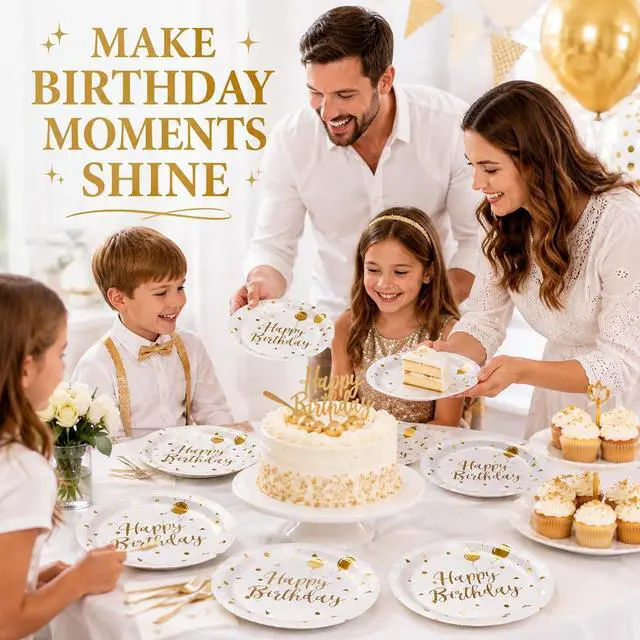 Alt view image 6 of 6 - Paper Plates, 50pcs Disposable Dessert Plates, White Gold Polka Dots, Biodegradable, Round, 7inch, for Birthday Decorations Party