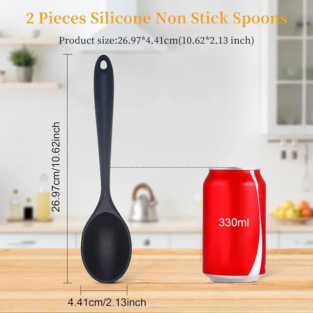 Alt view image 2 of 7 - 2 Pcs Silicone Nonstick Mixing Spoon, Silicone Spoons for Cooking Heat Resistant, Cooking Utensil for Kitchen Cooking Baking Stirring Serving (Black)