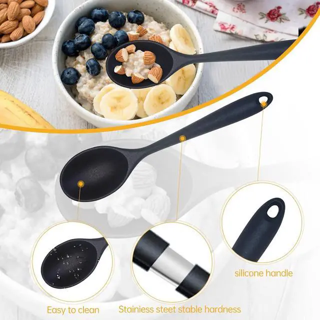 Alt view image 6 of 7 - 2 Pcs Silicone Nonstick Mixing Spoon, Silicone Spoons for Cooking Heat Resistant, Cooking Utensil for Kitchen Cooking Baking Stirring Serving (Black)