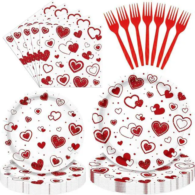 Main image of Photken 96 Pieces Valentines Day Tableware Set Red Heart Disposable Plates, Napkins, and Forks for Romantic Dinners, Weddings, Anniversaries, and Love-Themed Parties Serves 24