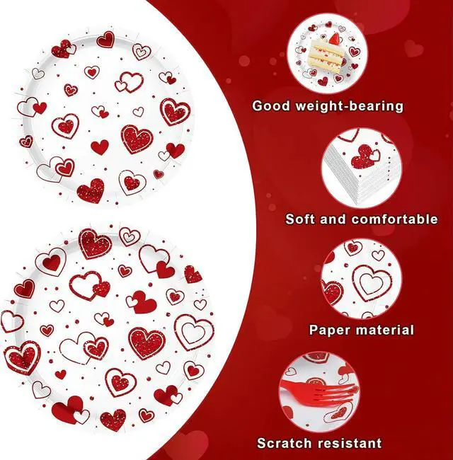 Alt view image 3 of 7 - Photken 96 Pieces Valentines Day Tableware Set Red Heart Disposable Plates, Napkins, and Forks for Romantic Dinners, Weddings, Anniversaries, and Love-Themed Parties Serves 24