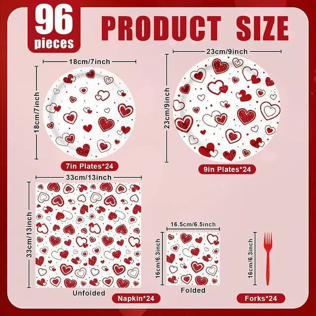 Alt view image 2 of 7 - Photken 96 Pieces Valentines Day Tableware Set Red Heart Disposable Plates, Napkins, and Forks for Romantic Dinners, Weddings, Anniversaries, and Love-Themed Parties Serves 24